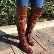 Load image into Gallery viewer, Lydiashoes Camel Pu Cross Strap Block Heel Knee High Boots