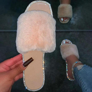 Lydiashoes Women Chic Rhinestone Faux Fur Slippers