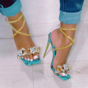 Lydiashoes Noble Gold Chain Large Crystal High Heel Sandals