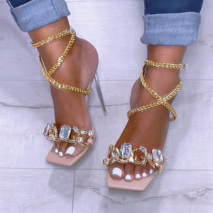 Lydiashoes Noble Gold Chain Large Crystal High Heel Sandals