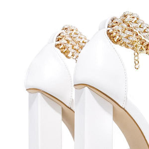 Lydiashoes Gold-Tone Chain Embellished Ankle Strap Chunky Heels