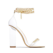 Load image into Gallery viewer, Lydiashoes Gold-Tone Chain Embellished Ankle Strap Chunky Heels
