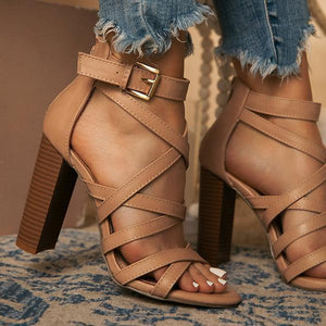 Lydiashoes Ankle Adjustable Gold-Tone Buckle Chunky Heels