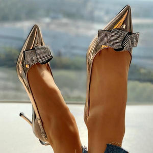 Lydiashoes Pointed Toe Studded Bowknot Slingback Thin Heels