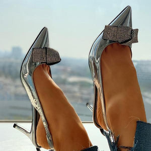 Lydiashoes Pointed Toe Studded Bowknot Slingback Thin Heels
