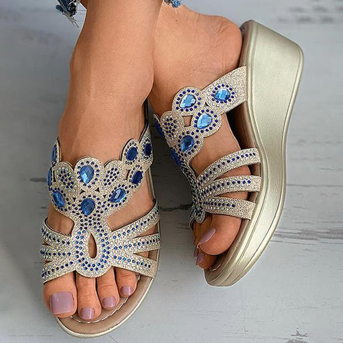 Lydiashoes Rhinestone Cutout Peep Toe Wedge Sandals