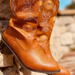 Lydiashoes Women's Sunflower Embroidery Western Cowboy Boots