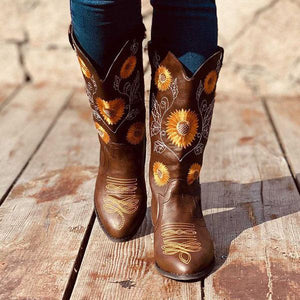 Lydiashoes Women's Sunflower Embroidery Western Cowboy Boots