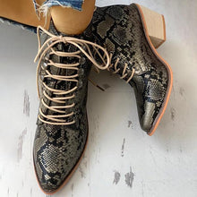 Load image into Gallery viewer, Lydiashoes Pointed Toe Lace-up Snakeskin Chunky Heeled Boots