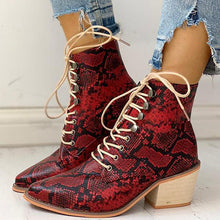 Load image into Gallery viewer, Lydiashoes Pointed Toe Lace-up Snakeskin Chunky Heeled Boots