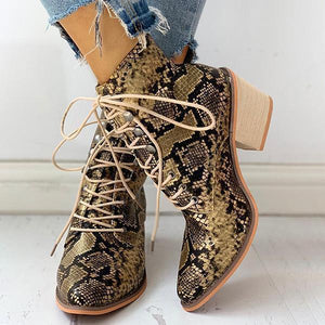 Lydiashoes Pointed Toe Lace-up Snakeskin Chunky Heeled Boots