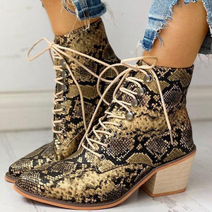 Lydiashoes Pointed Toe Lace-up Snakeskin Chunky Heeled Boots