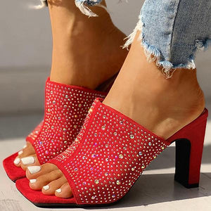 Lydiashoes Glitter Hot Stamping Open Toe Slingback Chunky Heeled Sandals
