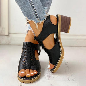 Lydiashoes Peep Toe Cutout Zipper Chunky Heeled Sandals