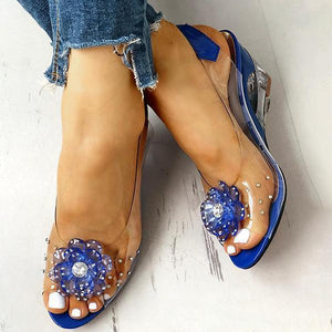 Lydiashoes Studded Flower Design Transparent Wedge Sandals