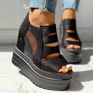 Lydiashoes Side Zipper Peep Toe Patchwork Platform Sandals