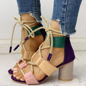 Lydiashoes Colourblock Lace-up Chunky Heels Open Toe Sandals