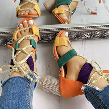 Load image into Gallery viewer, Lydiashoes Colourblock Lace-up Chunky Heels Open Toe Sandals