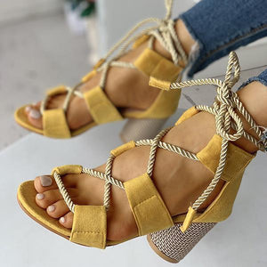 Lydiashoes Colourblock Lace-up Chunky Heels Open Toe Sandals