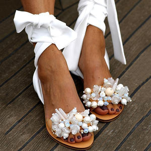 Lydiashoes Women Pearl Ankle Strap Flat Wedding Sandals