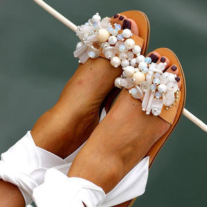 Lydiashoes Women Pearl Ankle Strap Flat Wedding Sandals