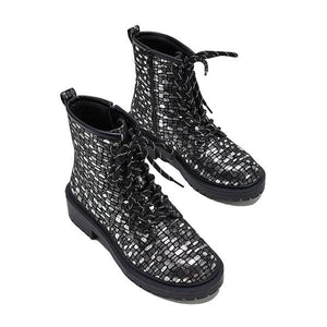 Lydiashoes Women Sexy Sequin Lace-Up Ankle Chunky Heel Boots