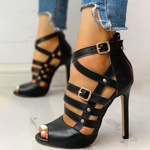 Lydiashoes Solid Hollow Out Ankle Strap Thin Heeled Sandals