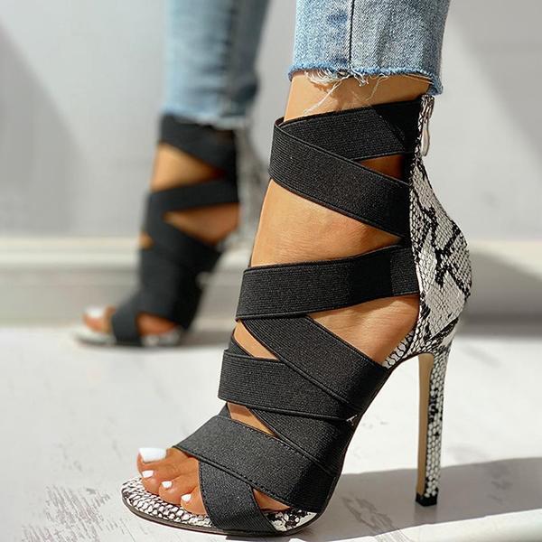 Lydiashoes Lace-Up Bandage Patchwork Snakeskin Thin Heeled Sandals