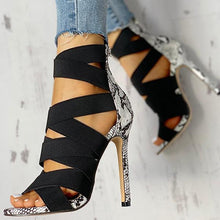 Load image into Gallery viewer, Lydiashoes Lace-Up Bandage Patchwork Snakeskin Thin Heeled Sandals