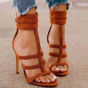 Lydiashoes Almond Toe Adjustable Button Hemp Rope High Heeled Sandals