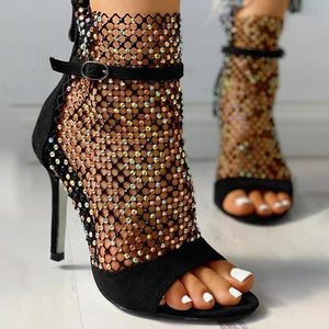 Lydiashoes Studded Grid Mesh Open Toe Thin Heels