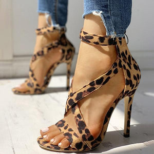 Lydiashoes Leopard Faux Suede Crisscross Zipper Back Thin Heels