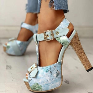 Lydiashoes Flower Print Peep Toe Platform Chunky Heels