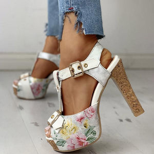 Lydiashoes Flower Print Peep Toe Platform Chunky Heels