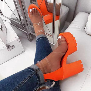 Lydiashoes Chunky Heel Zipper Open Toe Strappy See-Through Sandals