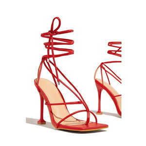 Lydiashoes Lace-Up Open Squared Toe Thong Strap Heels