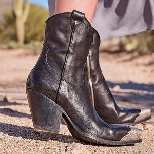 Lydiashoes Western Etched Metal Toe Stacked Heel Boots