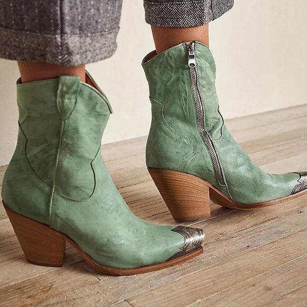 Lydiashoes Western Etched Metal Toe Stacked Heel Boots