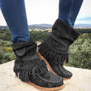 Lydiashoes Women's Casual Flat Suede Fringe Round Toe Retro Boots
