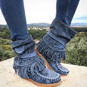 Lydiashoes Women's Casual Flat Suede Fringe Round Toe Retro Boots
