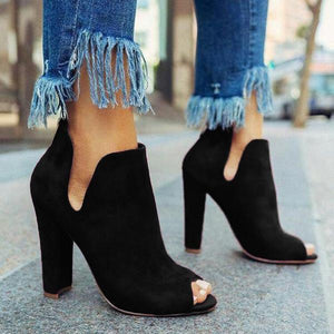 Lydiashoes Women Solid Peep Toe Chunky Heeled Boots
