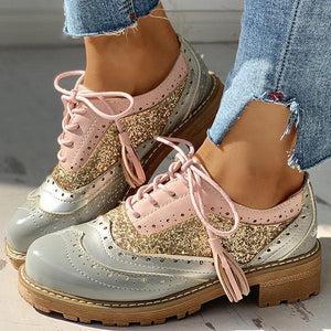 Lydiashoes Lace-Up Sequins Insert Chunky Heeled Boots
