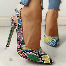 Load image into Gallery viewer, Lydiashoes Snakeskin Print Pointed Toe Thin Heeled Sandals