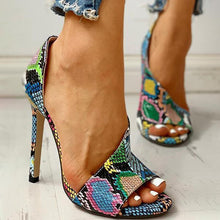 Load image into Gallery viewer, Lydiashoes Colorblock Snakeskin Open Toe Thin Heeled Sandals