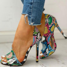 Load image into Gallery viewer, Lydiashoes Colorblock Snakeskin Open Toe Thin Heeled Sandals