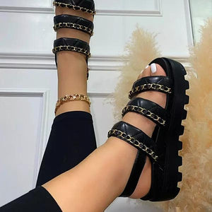 Lydiashoes Women Comfotable Fashion Pu Chain Adjusting Buckle Thick Bottom Sandals